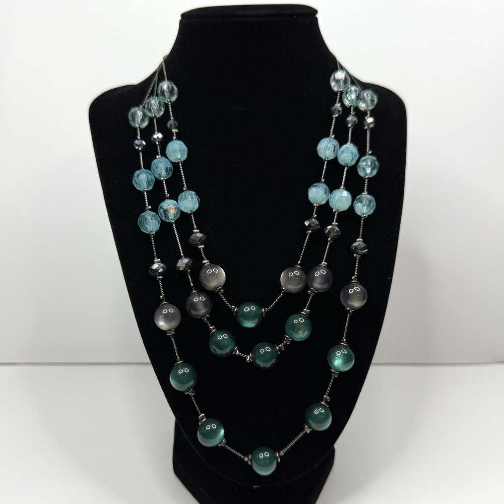 NY Multi Strand Necklace Teal Blue Green Gray Glass Beaded Fashion Jewelry 11 in